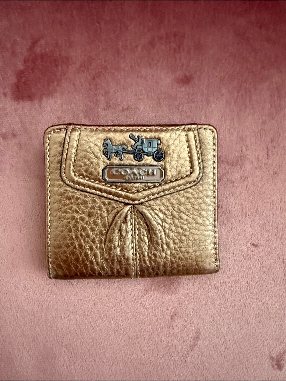 Coach Metallic Bronze Leather Card Holder with Signature Coach Plaque
